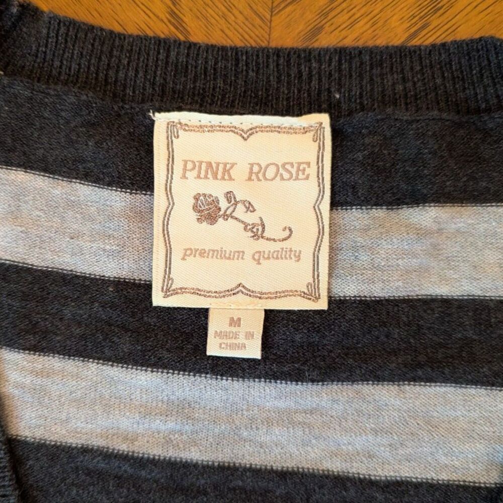 Y2k Pink Rose Striped Short-Sleeve Cardigan Sweater Grey Black Juniors Medium - Picture 2 of 7